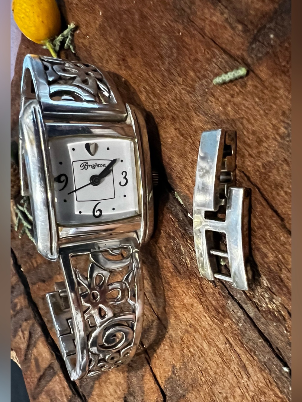 Brighton Fine Silver Plated tSquare Watch Floral Bracelet Scrolls Bracelet White